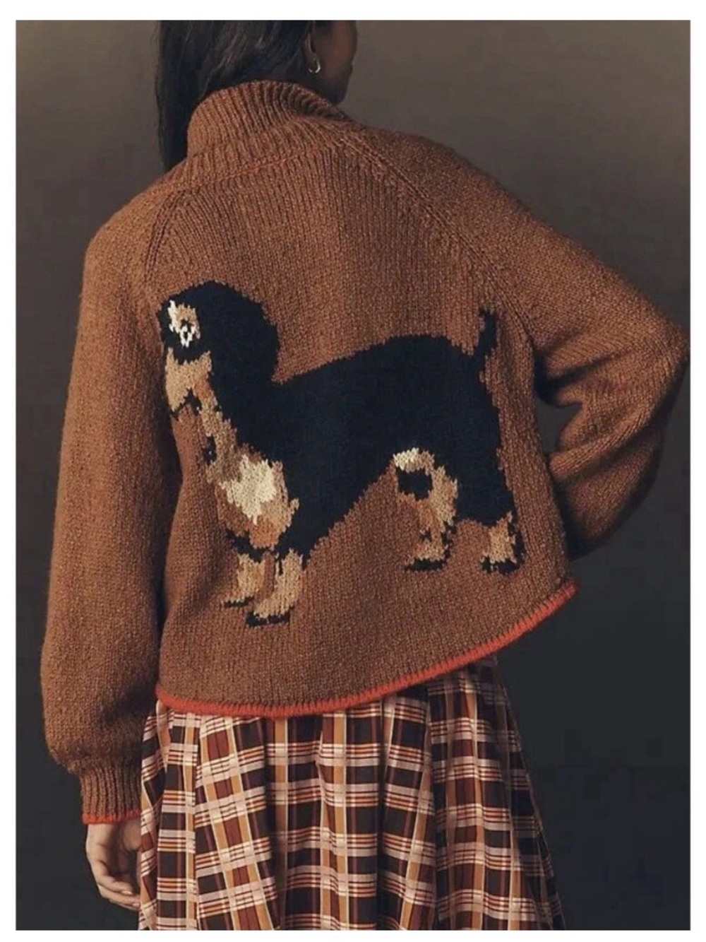 Pilcro Brown Dog-Graphic Knit Cardigan with Black and Cream Motif